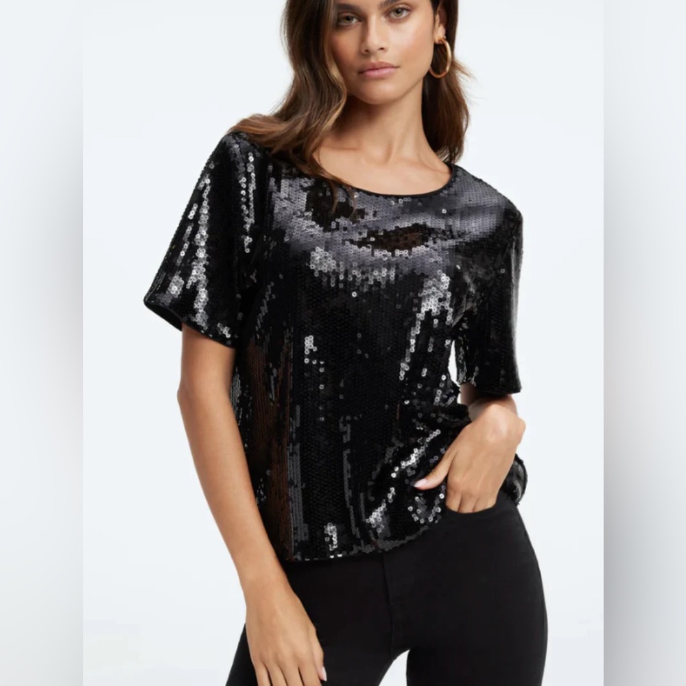 Good American Black All-Over Sequin Party Tee Shirt